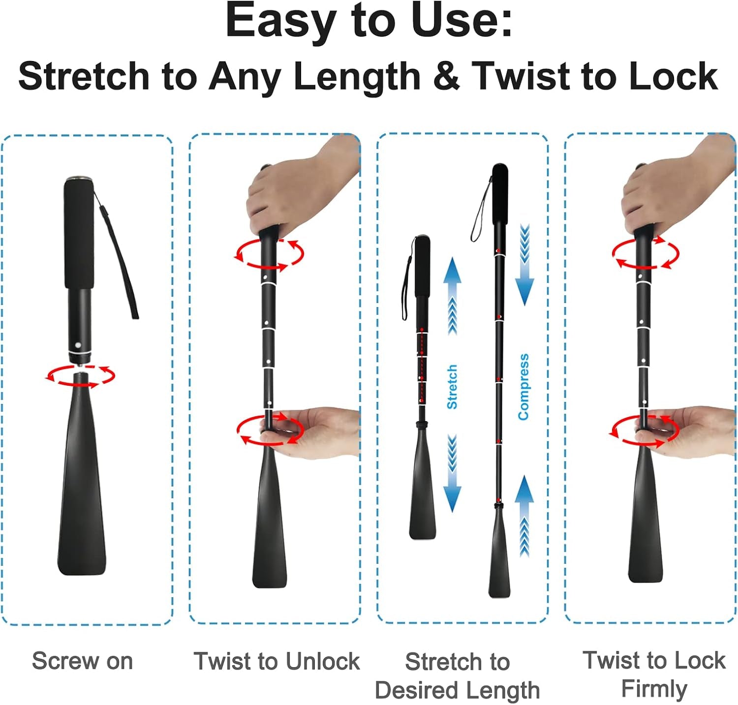 Telescopic Metal Shoe Horn with Adjustable Length (15"-37") - Portable Aluminum Alloy Long Handle for Seniors, Men, Women, and Kids