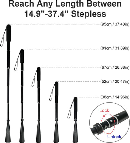 Telescopic Metal Shoe Horn with Adjustable Length (15"-37") - Portable Aluminum Alloy Long Handle for Seniors, Men, Women, and Kids