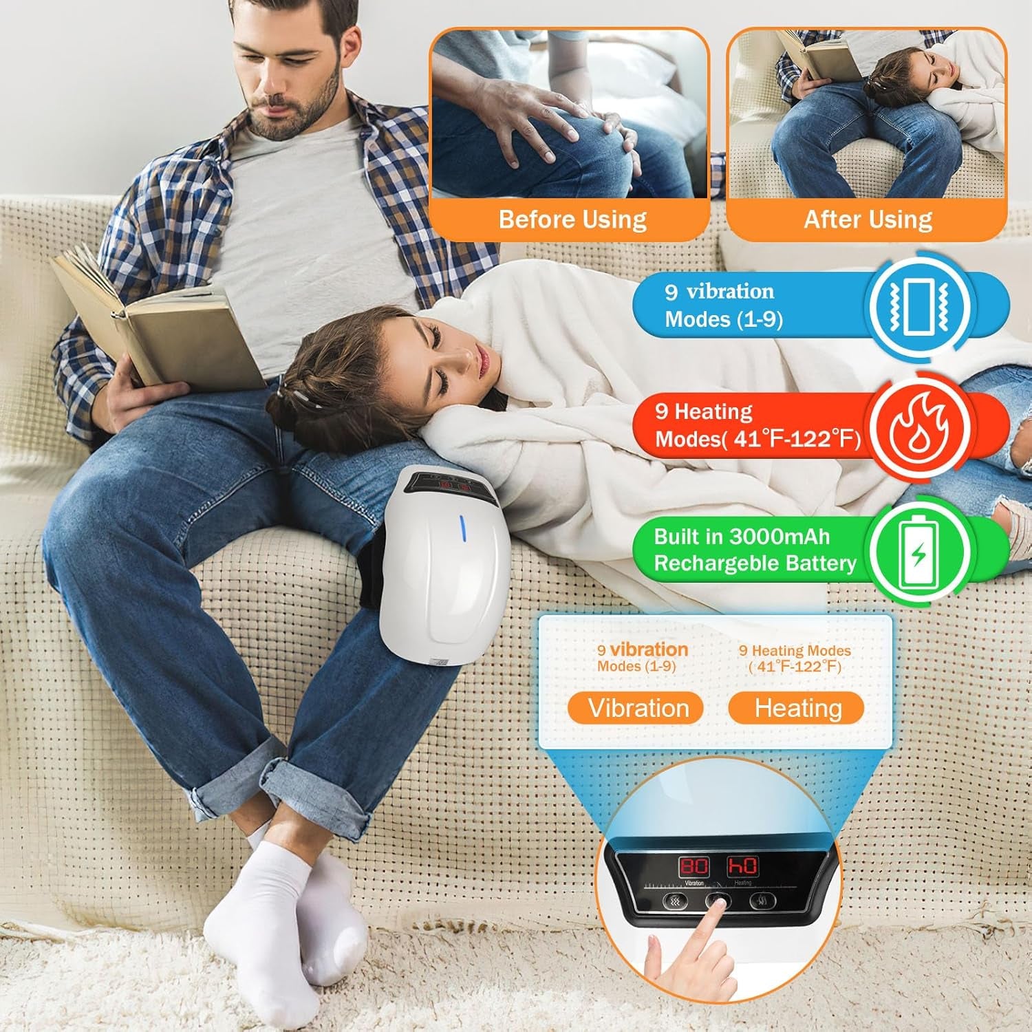 Heated Knee Massager with Adjustable Temperature and Vibration, Rechargeable Design with LED Display
