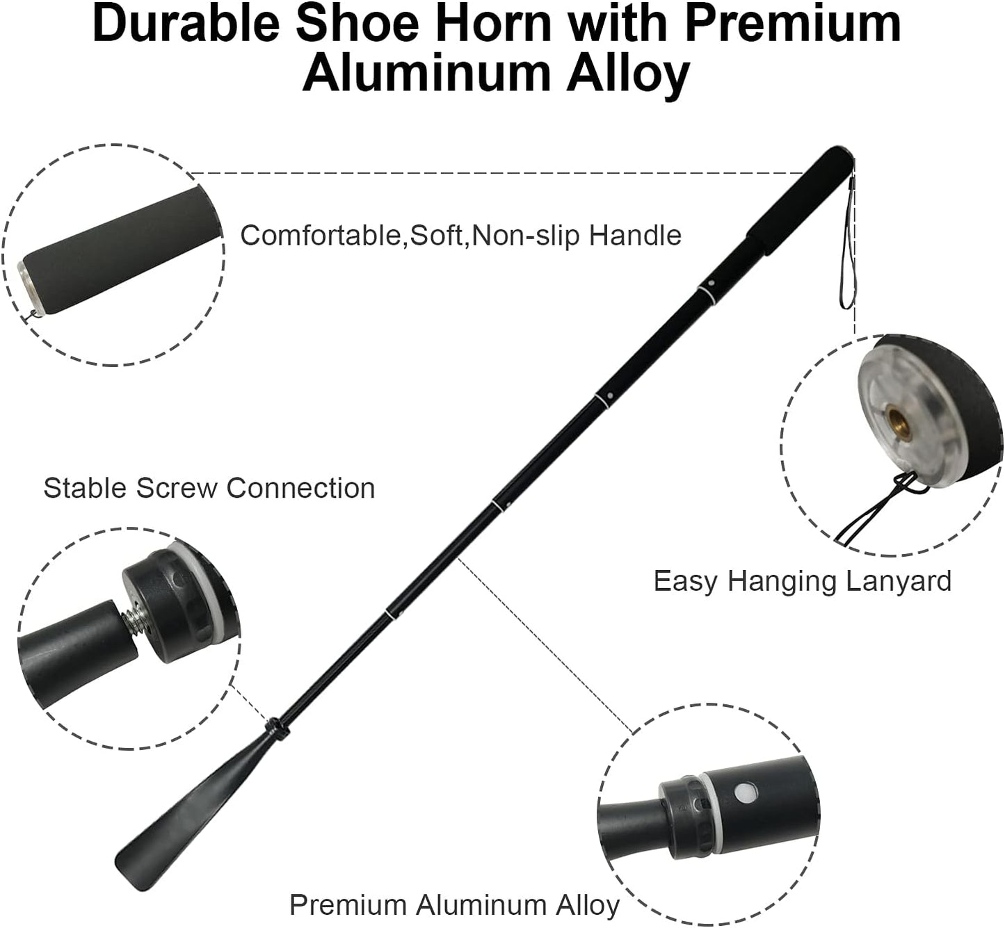 Telescopic Metal Shoe Horn with Adjustable Length (15"-37") - Portable Aluminum Alloy Long Handle for Seniors, Men, Women, and Kids