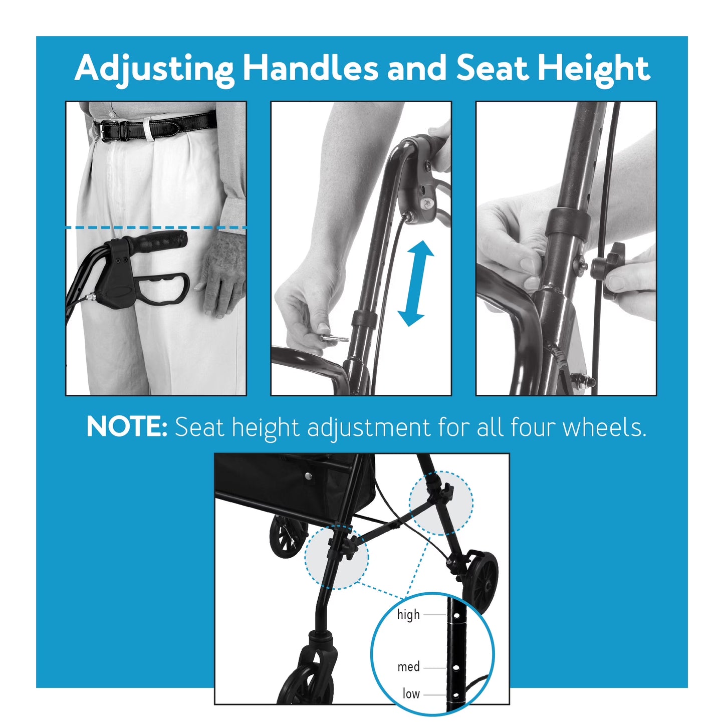 Aluminium Rollator Walker with Padded Seat, Backrest, 6-Inch Wheels, and Storage Pouch in Blue