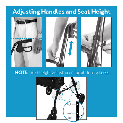 Aluminium Rollator Walker with Padded Seat, Backrest, 6-Inch Wheels, and Storage Pouch in Blue