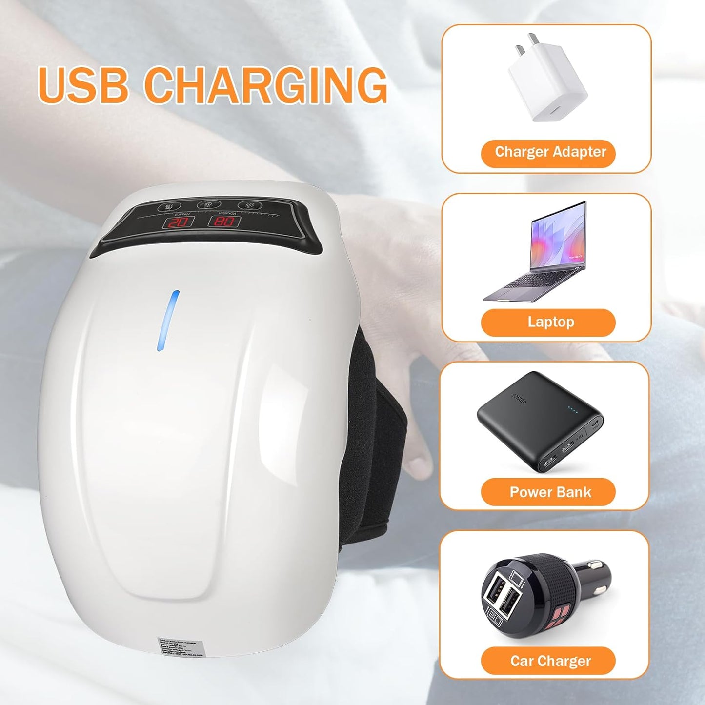 Heated Knee Massager with Adjustable Temperature and Vibration, Rechargeable Design with LED Display